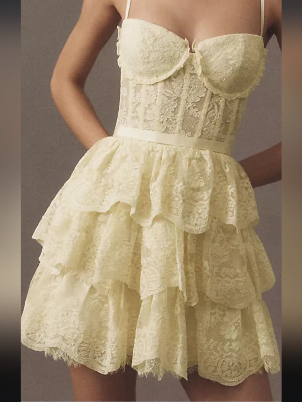 Lace Tiered Mini Dress in Pale Yellow